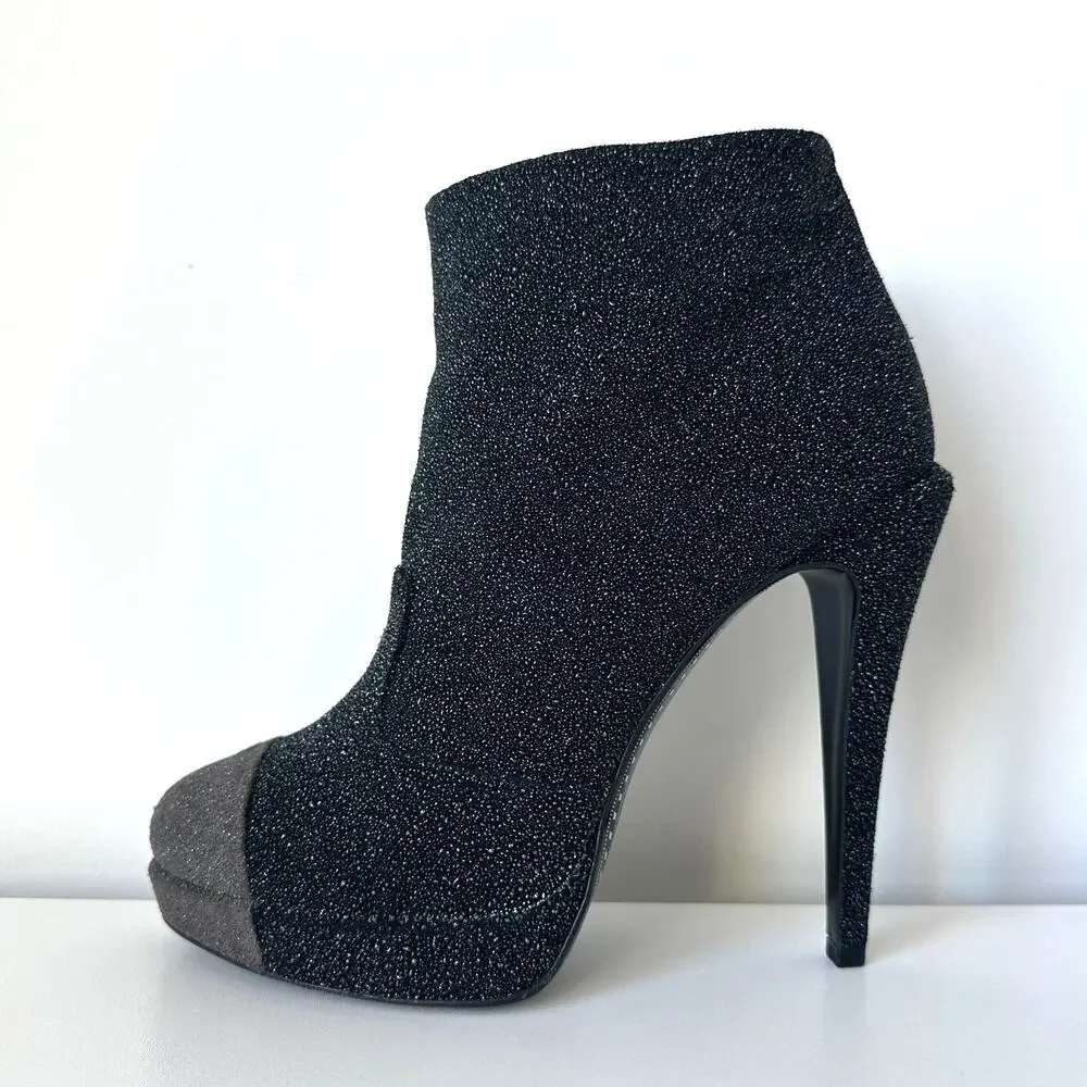 Chanel Black CC Sparkle Glitter Cap Toe Platform Short Boots IT 39